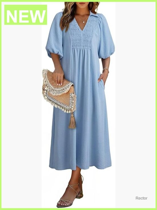 Dresses & Skirts - Puff Sleeve V Neck Empire Waist Maxi Dress Summer Casual